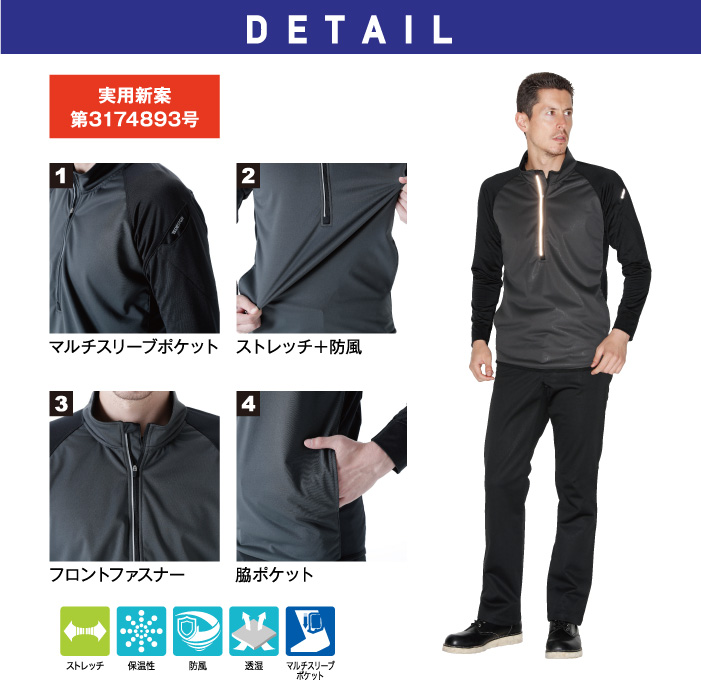 【藤和/TSDESIGN】MIDDLELAYERラミネートロングスリーブジップシャツ4235 詳細