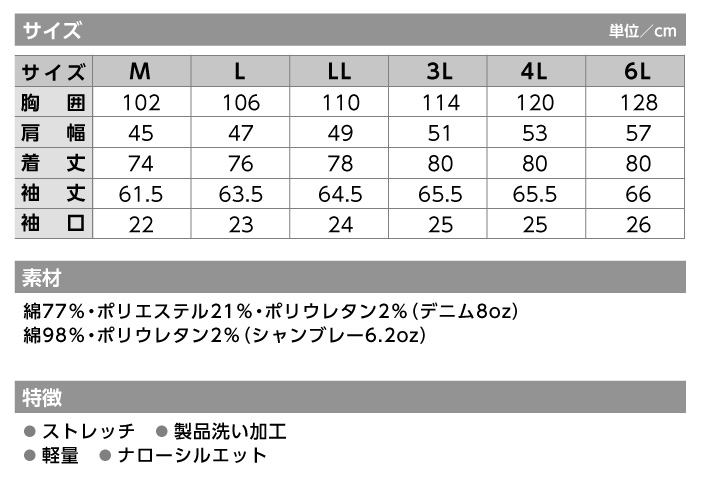 HOP-SCOT デニシャンストレッチ長袖シャツ 9810  【中国産業】 サイズ表