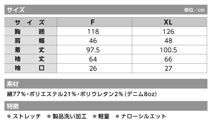HOP-SCOT デニシャンストレッチコート 9820【中国産業】 サイズ表